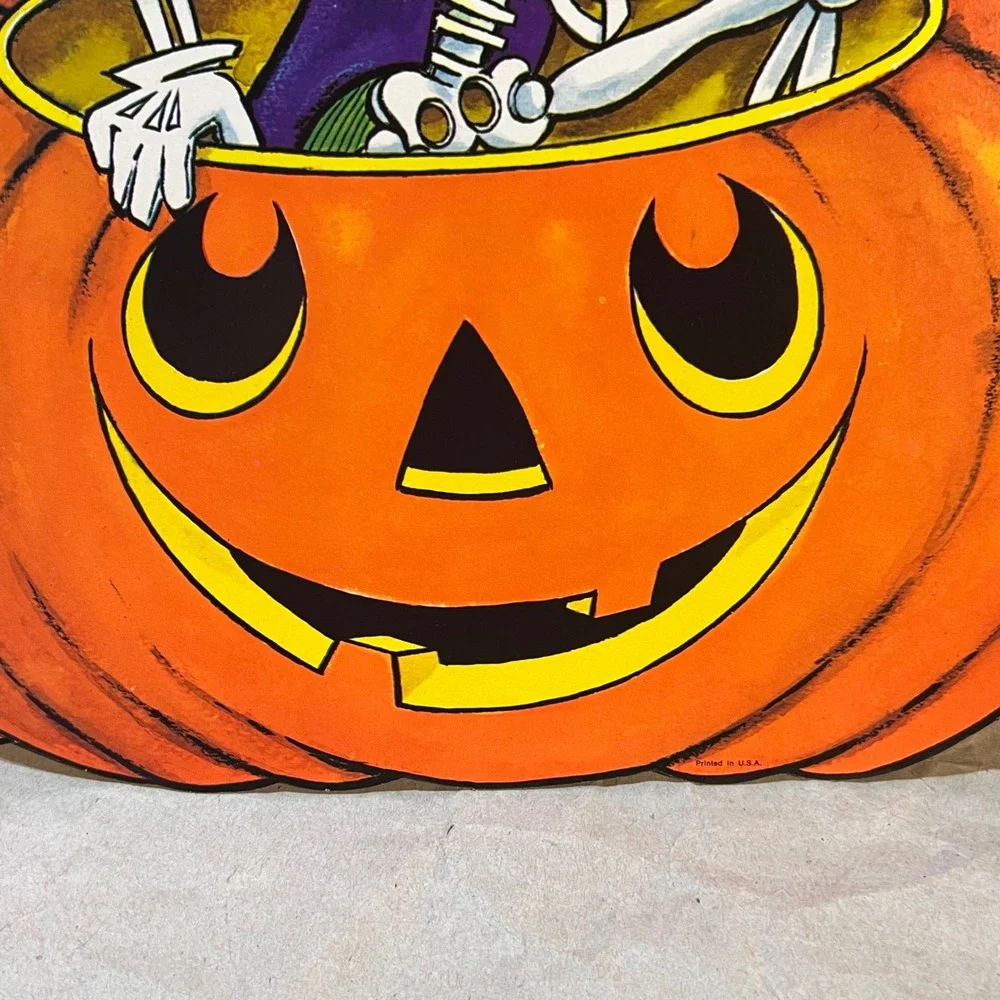 Vintage Halloween Die Cut Set 2 Skeleton in Pumpkin Orange Purple Retro Decor